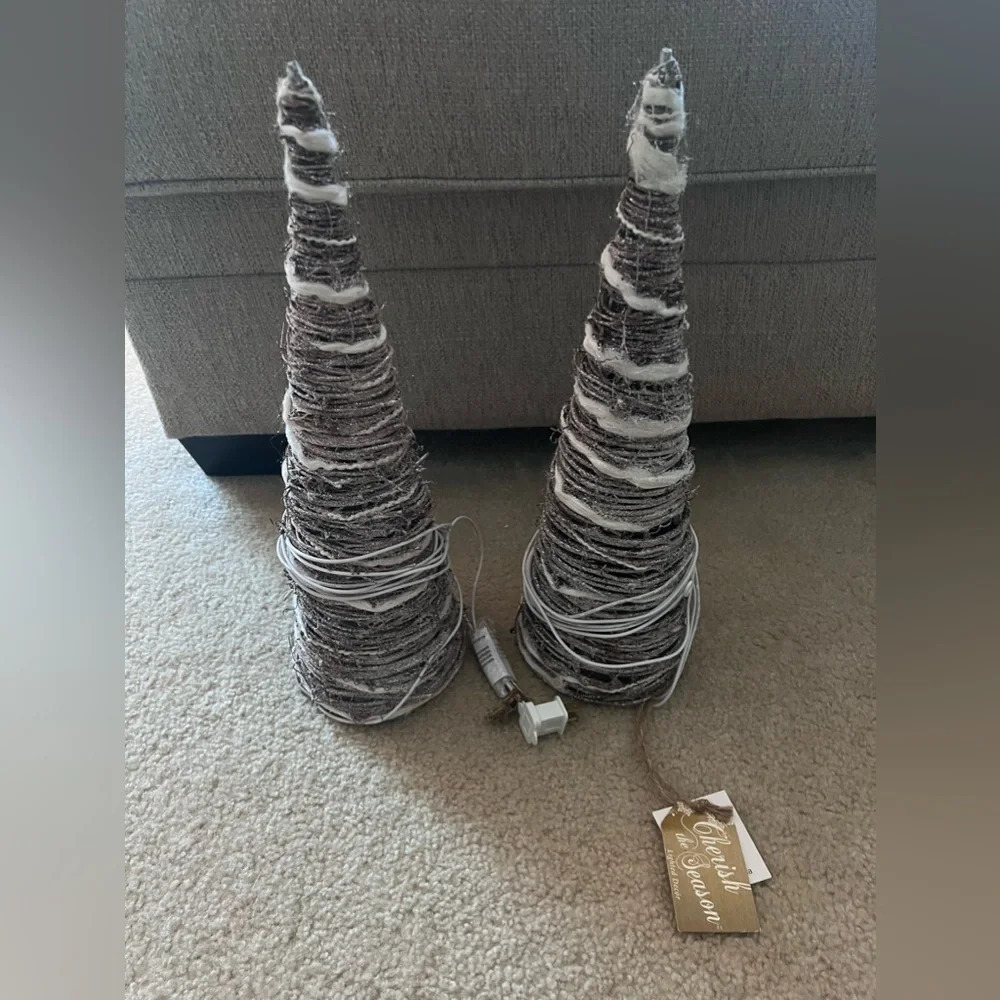 NEW 2 Pack 12" Natural Gray Snow Rattan Cone Battery Operated Lit Tree
